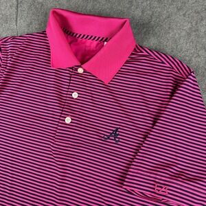 Atlanta Braves Polo Shirt Men's Medium Pink Black‎ Striped Stretch Performance